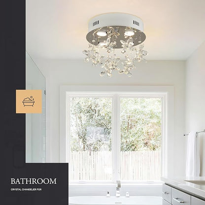 4-Lights Modern Chandelier K9 Crystal Lighting Fixture,11.8 Inch Round Silver Stainless Steel Flush Mount Ceiling Lights for Bedroom Foyer Hallway Dining Room,GU10 Bulbs Include