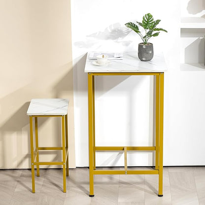 Finnhomy Bar Table, 23.6" Pub High Top, Square Bar Height, Counter Height Cocktail, Small Kitchen Set for 2, Breakfast for Kitchen, Living Room, White Marble and Gold