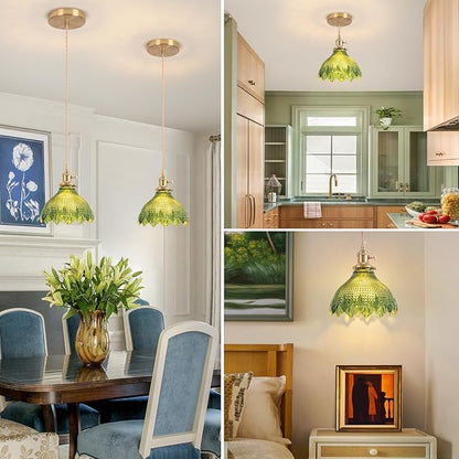 Pendant Lights Kitchen Island, Vintage Light Fixtures with Green Glass, 7.8inch Light Fixtures Brushed Gold Hanging Ceiling for Dining Living Room Kitchen Bedroom Island Entryway