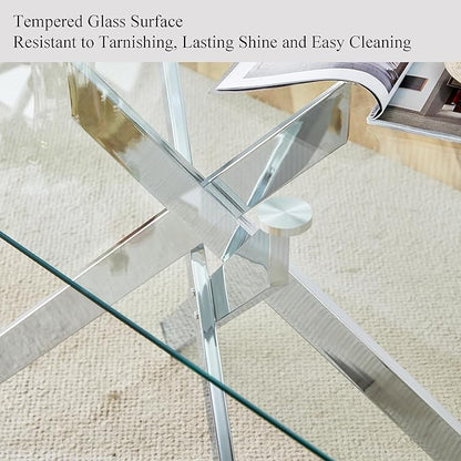 51.18" Rectangular Glass Dining Table, Tempered Glass Kitchen Tabe with Metal Legs, Stylish and Sturdy Dinner Table for Home and Outdoor Dining (Silver, 51.18'')