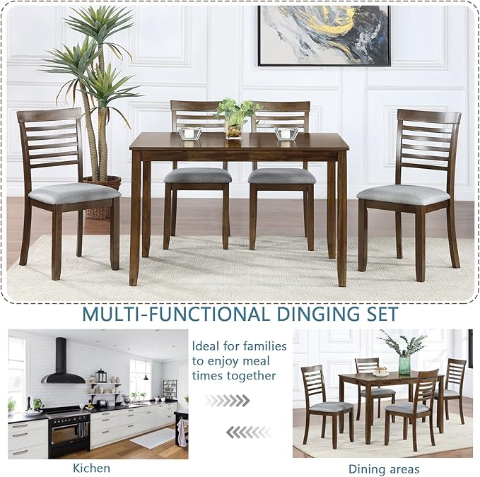 5-Piece Solid Wood Dining Table Set with 4 Upholstered Chairs, Rectangular Kitchen Table Set for 4, Modern Dining Room Table and Chairs Set of 4 for Kitchen and Dining, Walnut