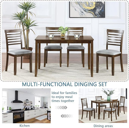 5-Piece Solid Wood Dining Table Set with 4 Upholstered Chairs, Rectangular Kitchen Table Set for 4, Modern Dining Room Table and Chairs Set of 4 for Kitchen and Dining, Walnut