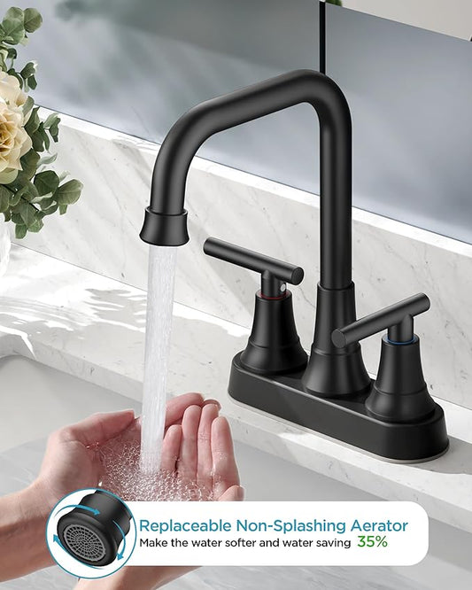 FORIOUS RV Bathroom Sink Faucet 2 or 3 Hole Matte Black, 4 Inch Cenerset Bathroom Faucet with Pop-up Drain for Vanity Restroom and Supply Lines, 2-Handle Design