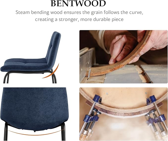 Furniture of America Veradis Modern Bentwood Dining Chairs Set of 2, Chenille Fabric Stool with Back and Metal Frame, Comfortable Upholstered Seating for Kitchen, Living Room, Blue, 30 inch
