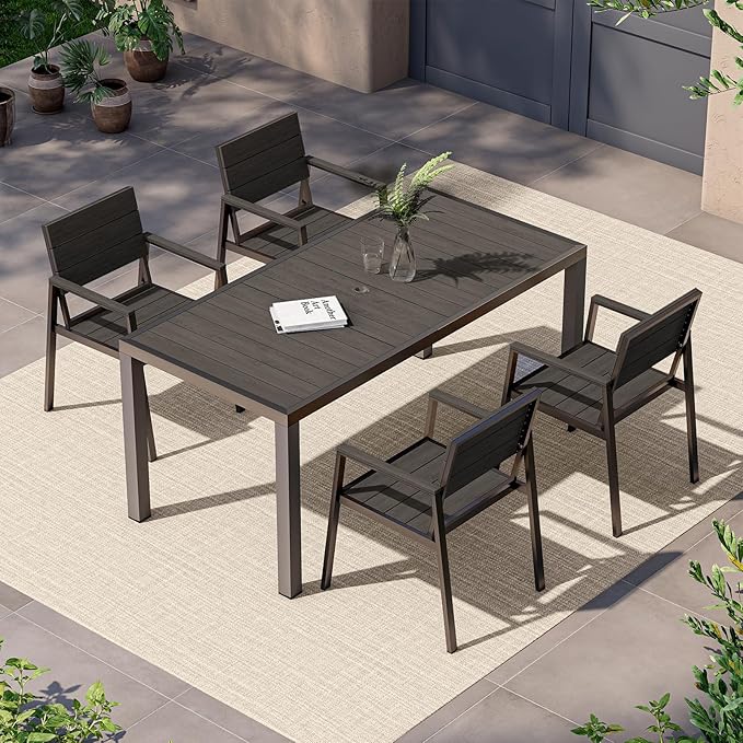 Vexwalx 5-Piece Outdoor Dining Set, Aluminum Dining Table Set for 4, Patio Table and Chairs Set with Umbrella Hole, All Weather HDPS Outdoor Table and Chairs for 4 (Charcoal)