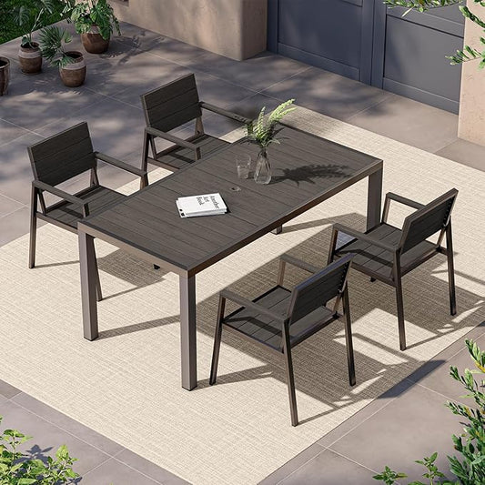 Vexwalx 5-Piece Outdoor Dining Set, Aluminum Dining Table Set for 4, Patio Table and Chairs Set with Umbrella Hole, All Weather HDPS Outdoor Table and Chairs for 4 (Charcoal)