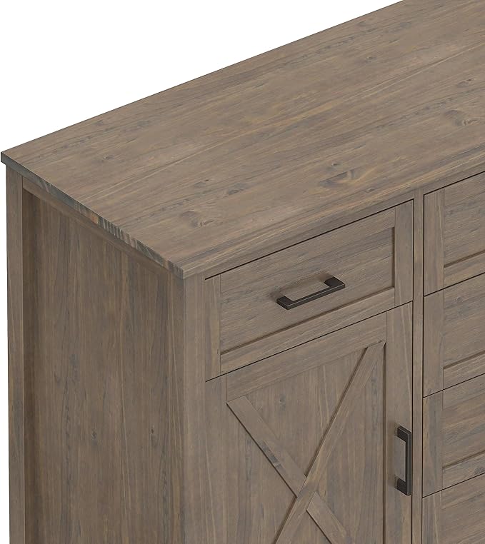 SIMPLIHOME Ela Buffet - 54 inch Wide Solid Wood 3-Door Sideboard Buffet in Smoky Brown, Transitional Storage Cabinet for Dining Room or Kitchen with Adjustable Shelves and Brushed Metal Hardware