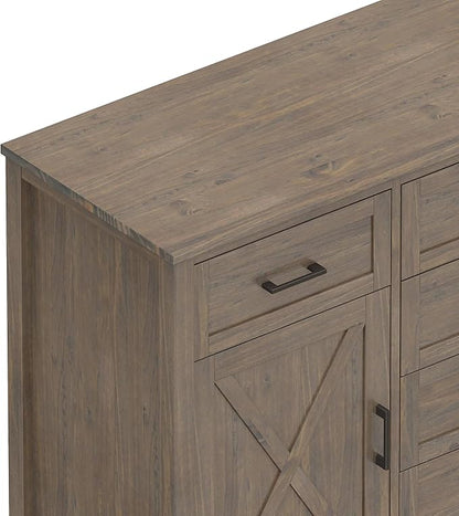 SIMPLIHOME Ela Buffet - 54 inch Wide Solid Wood 3-Door Sideboard Buffet in Smoky Brown, Transitional Storage Cabinet for Dining Room or Kitchen with Adjustable Shelves and Brushed Metal Hardware
