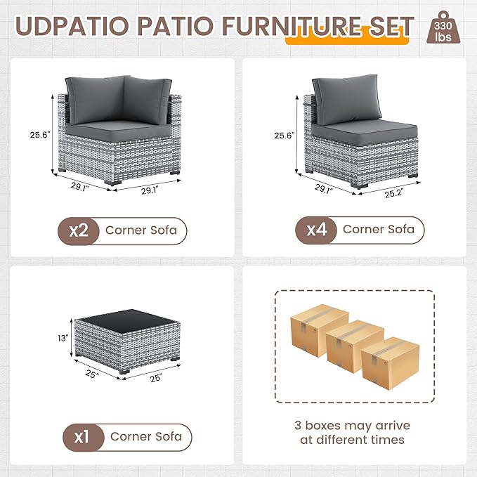 UDPATIO Outdoor Patio Furniture Set, 7 Piece PE Wicker Sectional Sofa with Tea Table, Outdoor Conversation Set with Waterproof Cover for Patio, Garden, Backyard (Grey Cushions with Grey Rattan)