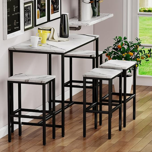 Yongchuang 5 Piece Bar Table Set, White Kitchen Bar Table and Chairs Set of 4, Modern Metal Counter Height Table with Stools for Dining Room, Living Room Breakfast Table Faux Marble Wood Top