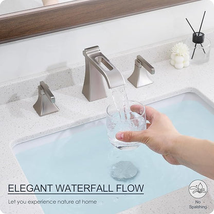 Brushed Nickel Bathroom Faucet 3 Hole, Brass Waterfall 8 Inch Widespread Bathroom Sink Faucet with Pop-Up Drain, cUPC Supply Hoses, 2 Handles for Vanity, Restroom, Modern Hollowed Design