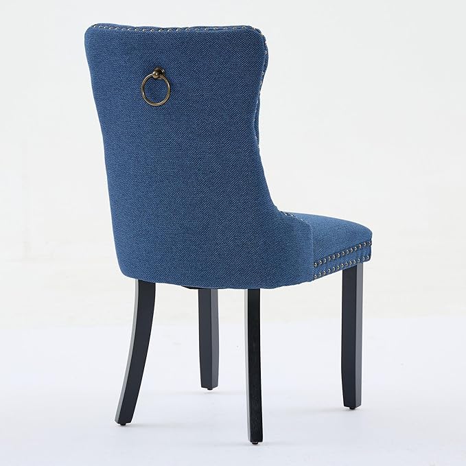 Ball & Cast Contemporary Upholstered Dining Chairs Set of 2, Flax Button Tufted Kitchen Side-Chairs with Hang Ring & Nailhead Trims & Wood Legs, 2-Piece Backrest Traditional Chair, Black+Blue
