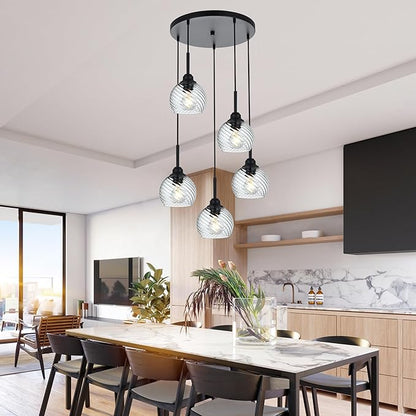 5 Light Cluster Pendant Light with Striped Swirl Globe Glass Black Pendant Lighting for Kitchen Island, Modern Dining Room Light Fixtures Over Table Hanging Ceiling Light, E26 Base