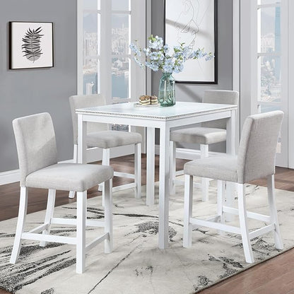 5 Piece Counter Height Dining Table Set for 4, Elegant Wooden Kitchen Table and 4 Upholstered Chairs with Crystal Decoration, Square Dining Table Set for Kitchen and Dining Room, White