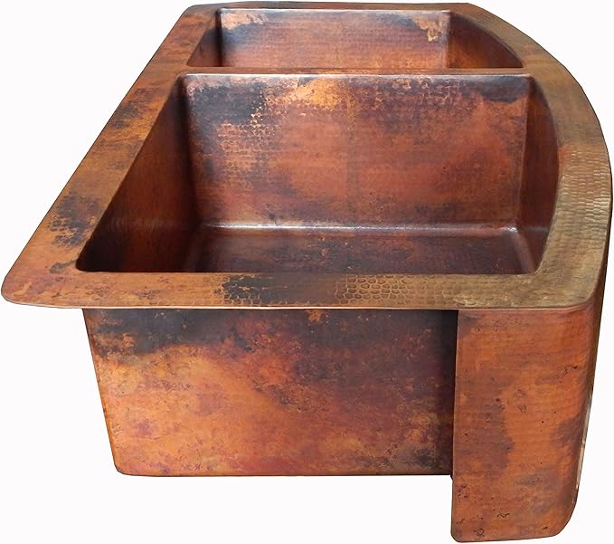 Rounded Apron Front Farmhouse Kitchen Double Bowl Mexican Copper Sink 60/40 33X22 Inches
