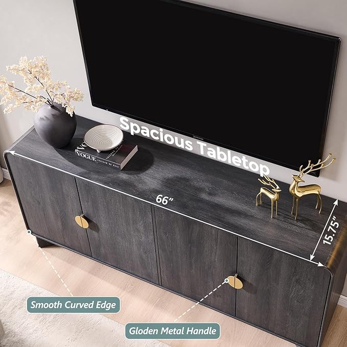 IFGET Modern Buffet Cabinet with Storage, 70" Large Sideboard Buffet Storage Cabinet with 4 Doors and Adjustable Shleves, Wooden Curved Coffee Bar for Dining Room, Kitchen, Living Room, Dark Grey
