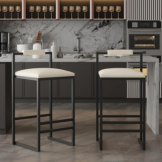 Set of 2 Bar stools Faux Leather Upholstered Bar Stools Metal Frame Dining Chairs for Counter, Kitchen Island (Beige)
