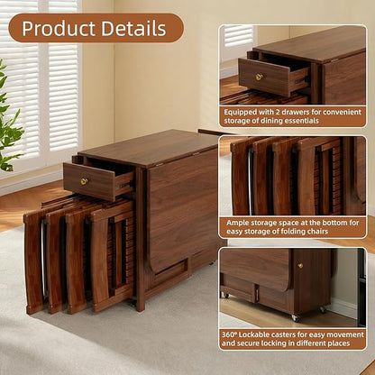 Small Drop Leaf Table - 51" Fully Assembled Folding Dining Table 4-6 Seater with Storage and Lockable Wheels, Space-Saving for Kitchen or Dining Room (Walnut)