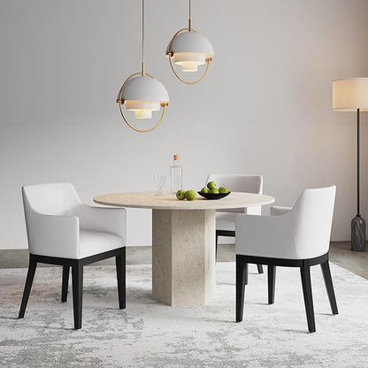 Manhattan Comfort Gansevoort Modern Faux Leather Dining Chair with Arms, Leatherette Upholstery on Solid Beech Wood Frame, Accent Furniture for Kitchen Table or Office, Set of 1, Cream