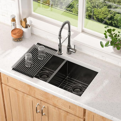 Lordear Double Bowl Black Kitchen Sink 16 Gauge Stainless Steel Undermount Kitchen Sinks Matte Gunmetal Black 50/50 Round Corner Sink 33x19x10 Inch