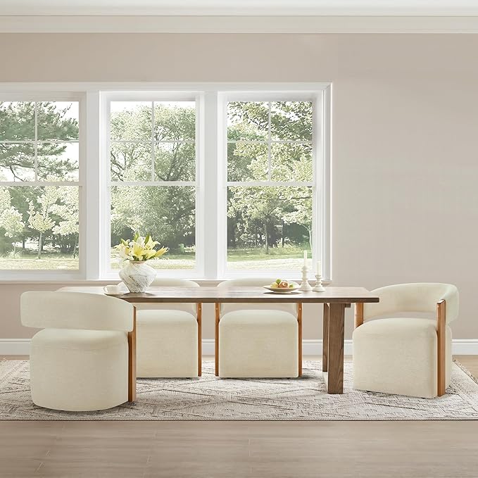 KISLOT Upholstered Dining Chairs Set of 2, Barrel Modern Dining Room Chairs with Casters, Kitchen Side Wooden Armchair with Fabric Cushion Seat for Bedroom, Livingroom, Reading Room, Sand, 2 Boxs