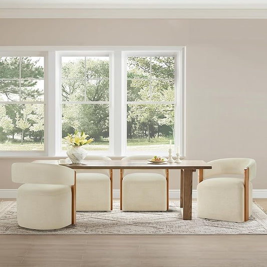 KISLOT Upholstered Dining Chairs Set of 4, Barrel Modern Dining Room Chairs with Casters, Kitchen Side Wooden Armchair with Fabric Cushion Seat for Bedroom, Livingroom, Reading Room, Sand, 4 Boxs