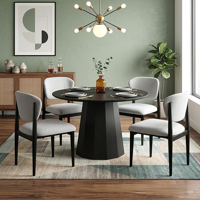 Casaphoria Dining Chairs Set of 2, Solid Black Wood Legs Upholstered Kitchen Chairs, Mid Century Modern Ergonomic Curved Back Accent Chair for Dining Room, Home Office and Vanity, Gray