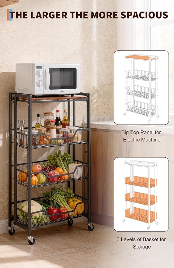PeakPursuit Large 4-Tier Collapsible Wooden Storage Shelf – Heavy Duty 100 lbs Capacity, Locking Wheels – Space-Saving Organizer for Kitchen, Garage, Workshop, Home – No Assembly Required