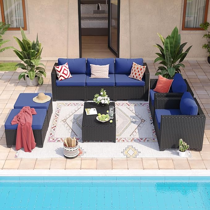 Aoxun 8 Piece Outdoor Patio Furniture Set 7 Seats, Outdoor Sectional with Thick Waterproof Cushions, Patio Conversation Sets for Garden,Backyard, Porch, Balcony, Deck, Black & Blue