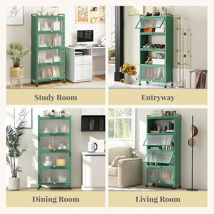 Giantex 5-Tier Kitchen Storage Cabinet, Mobile Microwave Stand with Flip-up PC Doors, Freestanding Kitchen Bakers Rack with 4 Rolling Casters, for Dining Room, Living Room and Study, Green