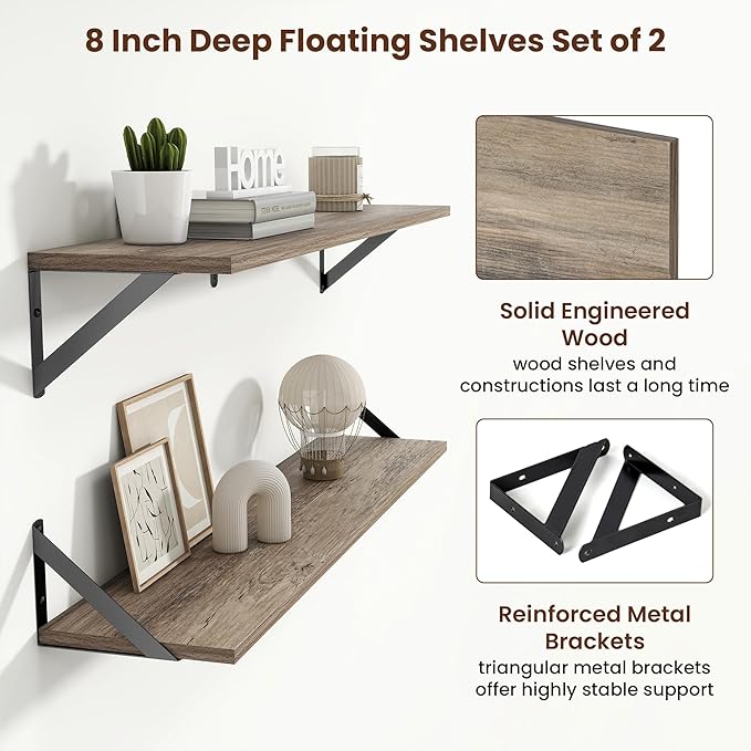 Axeman 36 Inch Floating Shelves | 8 Inch Deep Grey Wall Shelves Set of 2 | 36''W x 8''D Rustic Grey Wood Shelves for Bathroom Living Room Bedroom Kitchen