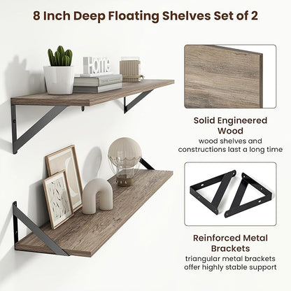 Axeman 36 Inch Floating Shelves | 8 Inch Deep Grey Wall Shelves Set of 2 | 36''W x 8''D Rustic Grey Wood Shelves for Bathroom Living Room Bedroom Kitchen