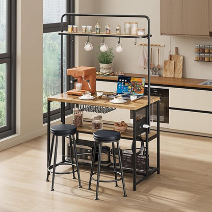 Garvee Kitchen Island with Power Outlet & 2 Bar Stools, Industrial Bakers Rack with 3-Tier Shelves & 5 Hooks, Microwave Stand Coffee Bar Table for Dining Room, Living Room, Apartment