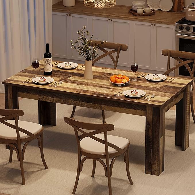 GarveeHome Dining Table for 4-6, Rectangular Dining Room Table, Kitchen Table with Large Table Top, Dinner Table, Farmhouse Dining Table for Dining Room, Kitchen, Living Room, Retro Brown