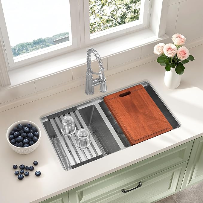 31 Inch Sink Undermount Double Bowl, 16 Gauge 50/50 Double Bowl Stainless Steel Workstation Sink, 31"x18"x9" Large and Deep Kitchen Sink With Accessories
