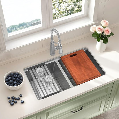 31 Inch Sink Undermount Double Bowl, 16 Gauge 50/50 Double Bowl Stainless Steel Workstation Sink, 31"x18"x9" Large and Deep Kitchen Sink With Accessories