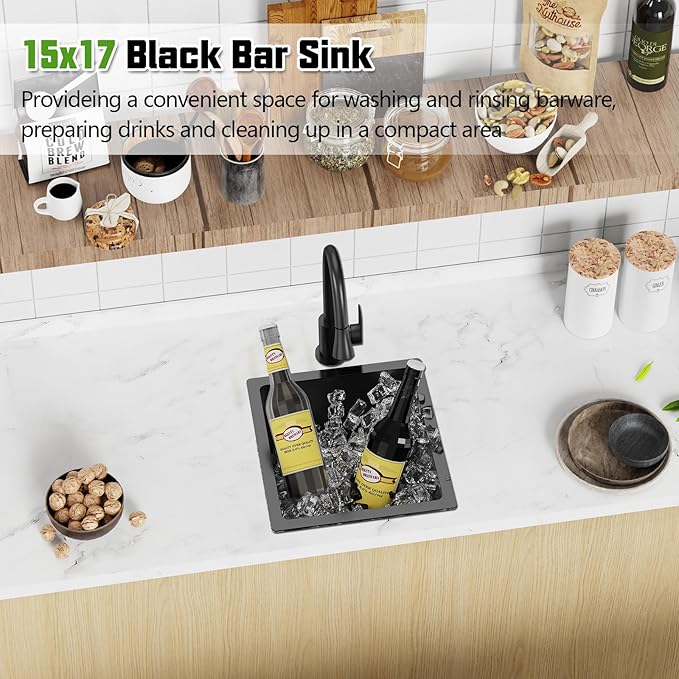 Black 15x17In Undermount Kitchen And Bar Sink- Stainless Steel Single Bowl Modern Drop In Kitchen&Bar Sink With SS Grid,Silicon Mat,Colander,Drain Strainer Compatibility With Various Kitchen&Bar Style