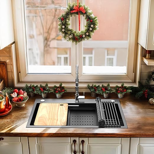 YITAHOME Drop In Kitchen Sink Workstation 30 Inch, Top mount Stainless Steel Nano Gunmetal Black Sink w/Cutting Board& Strainer, Handmade Single Bowl Sink with Accessories 30 x 18 x 10in