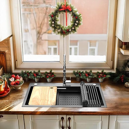 YITAHOME Drop In Kitchen Sink Workstation 30 Inch, Top mount Stainless Steel Nano Gunmetal Black Sink w/Cutting Board& Strainer, Handmade Single Bowl Sink with Accessories 30 x 18 x 10in