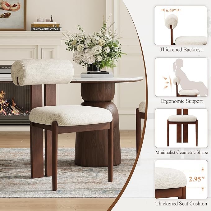 MALOL Modern Wooden Dining Chairs Set of 2, Upholstered Fabric Kitchen Chairs with Sculptural Backrest, Mid-Century Farmhouse Dining Room Chairs with Solid Wood Legs, Beige