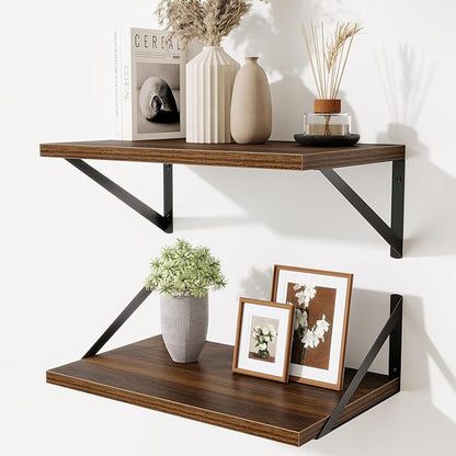 Acovy Floating Shelves for Wall,18" Wall Mounted Shelves Set of 2,Wood Floating Shelf with Bracket,Sturdy Metal Bracket Bookshelves Home Decor Storage for Living Room,Bedroom,Bathroom,Kitchen,Walnut