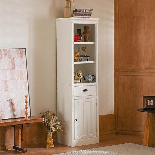 Merax 75" Tall Storage Cabinet 19.5" Narrow Cabinet with 1 Drawer & 1 Door & 2 Open Shelves, Retro White MDF Display Cabinet for Living Room Kitchen Bathroom Home Office