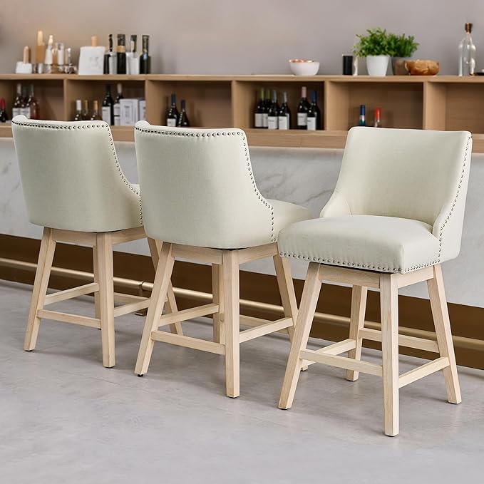 Counter Height Swivel Bar Stools Set of 3, Modern Linen Fabric Swivel Barstools with Back and Wood Legs, Upholstered 26" Seat Height Counter Stools for Kitchen Island, Home Bar, Beige
