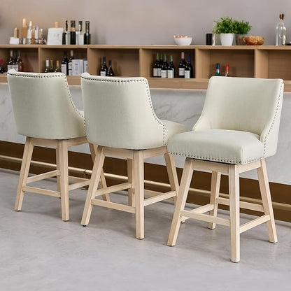 Counter Height Swivel Bar Stools Set of 3, Modern Linen Fabric Swivel Barstools with Back and Wood Legs, Upholstered 26" Seat Height Counter Stools for Kitchen Island, Home Bar, Beige
