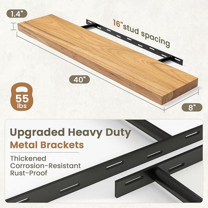 Fun Memories Solid Elm Wood Floating Shelves Set of 1-40 Inch Rustic Wall Shelves with Heavy-Duty Invisible Brackets - for Living Room, Kitchen, Bedroom, Bathroom - Natural Finish