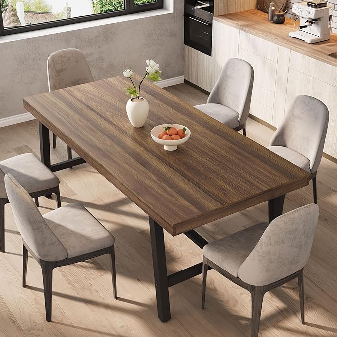GarveeHome 70.87 Inch Long Kitchen Table for 6-8 People, Industrial Rectangular Dining Table for Dining Room, Heavy Duty Metal Frame, Retro Brown