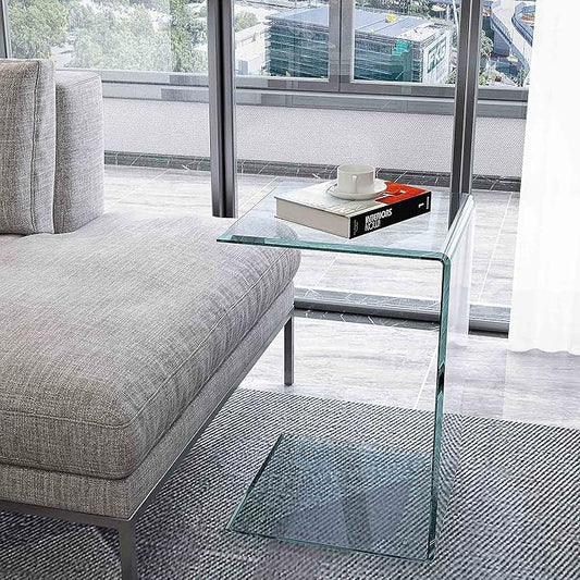 Tempered Glass End Table, Sofa Side Table Clear C-Shape Design for Living Room, Versatile Nightstand with Smooth Edges (C-Shape end Table)