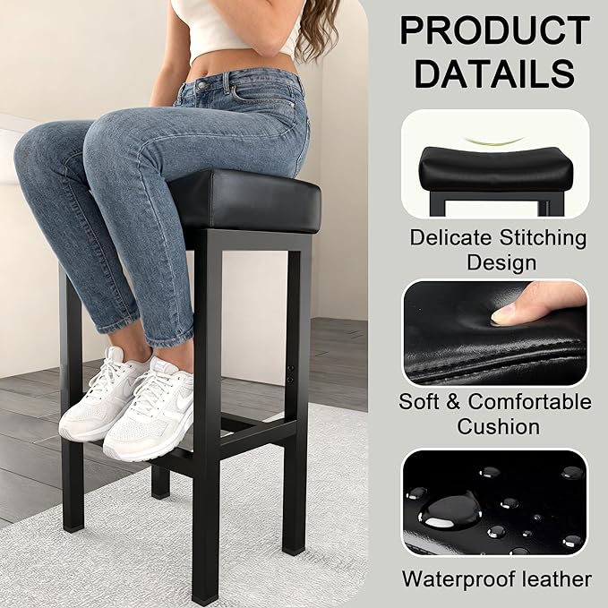 Bar Stools Set of 2, 24 Inch Counter Height Bar Stools for Kitchen Island, Faux Leather Upholstered Thick Saddle Seats & Heavy Duty Metal Base, Easy Assembly, Gray