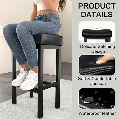 Bar Stools Set of 2, 24 Inch Counter Height Bar Stools for Kitchen Island, Faux Leather Upholstered Thick Saddle Seats & Heavy Duty Metal Base, Easy Assembly, Gray