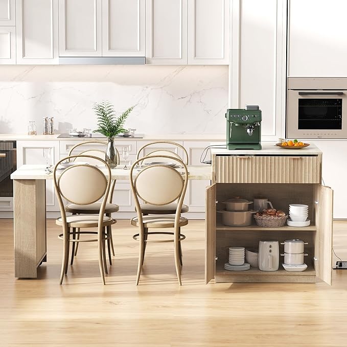 Modern Dining Table Expandable 82.6in Fluted Kitchen Island with, Power Outlet, Wood Console Table with Drawers for Living Room Dining Room Kitchen,Natural-MDF